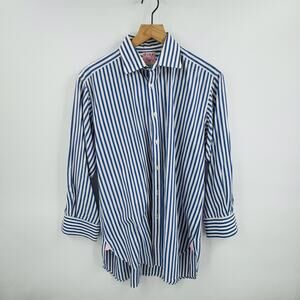 Thomas Pink London Blue White Stripe Cotton Poplin Shirt 15.5 33 Made in Ireland